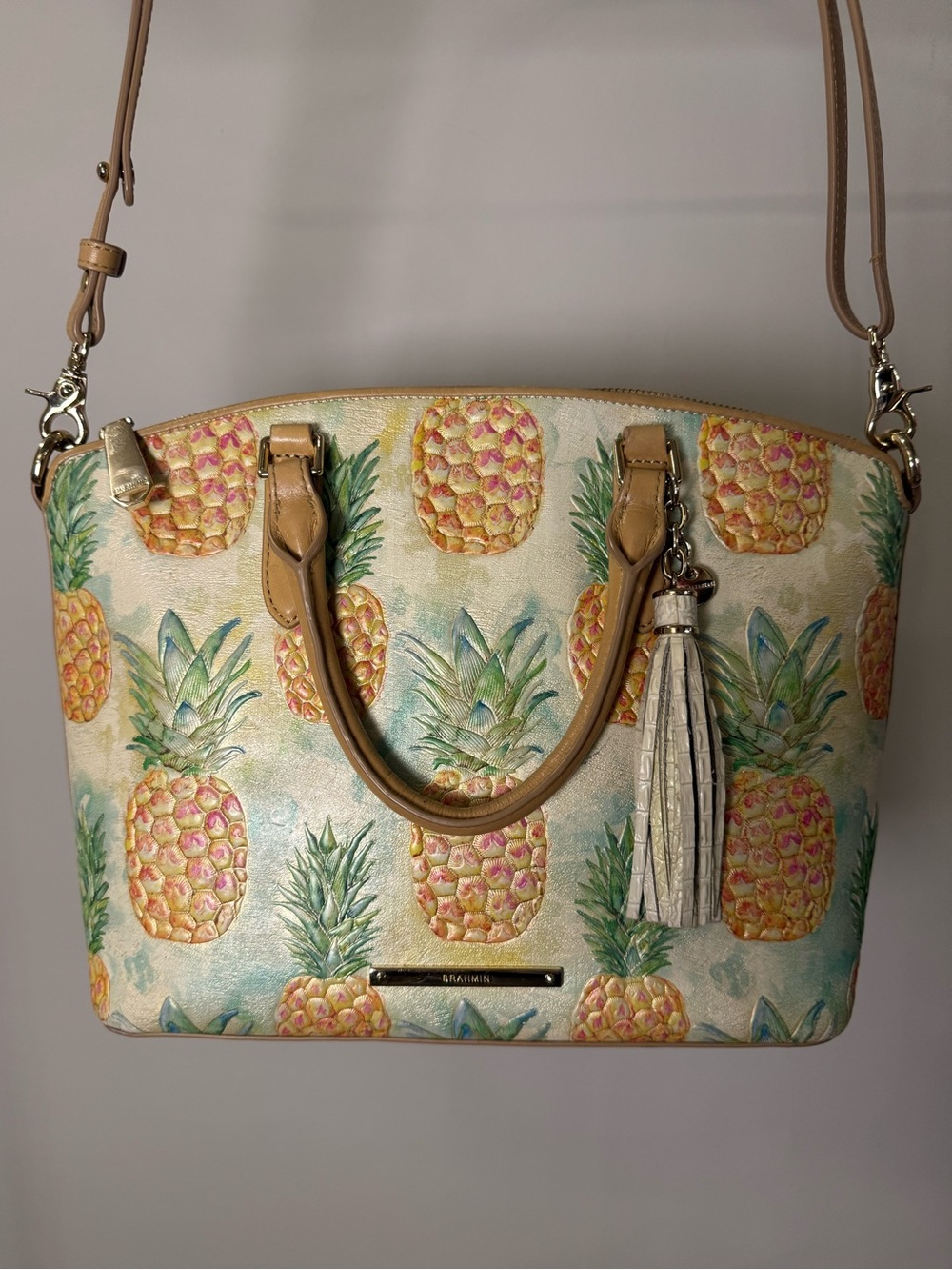 Brahmin Pineapple Print Satchel with Tan Trim